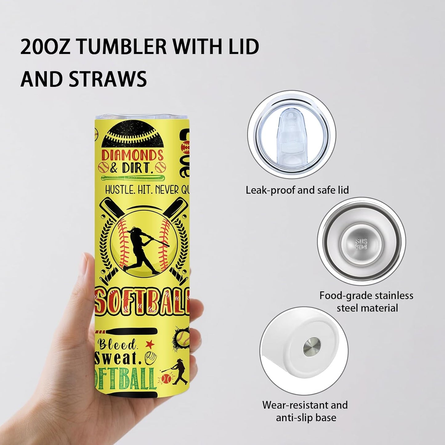 Softball Gifts - 20oz Insulated Stainless Steel Water Tumbler with Straw Lid, Leakproof, for Team, Girls, Travel - Softball Sport Lovers Birthday Gift Cup