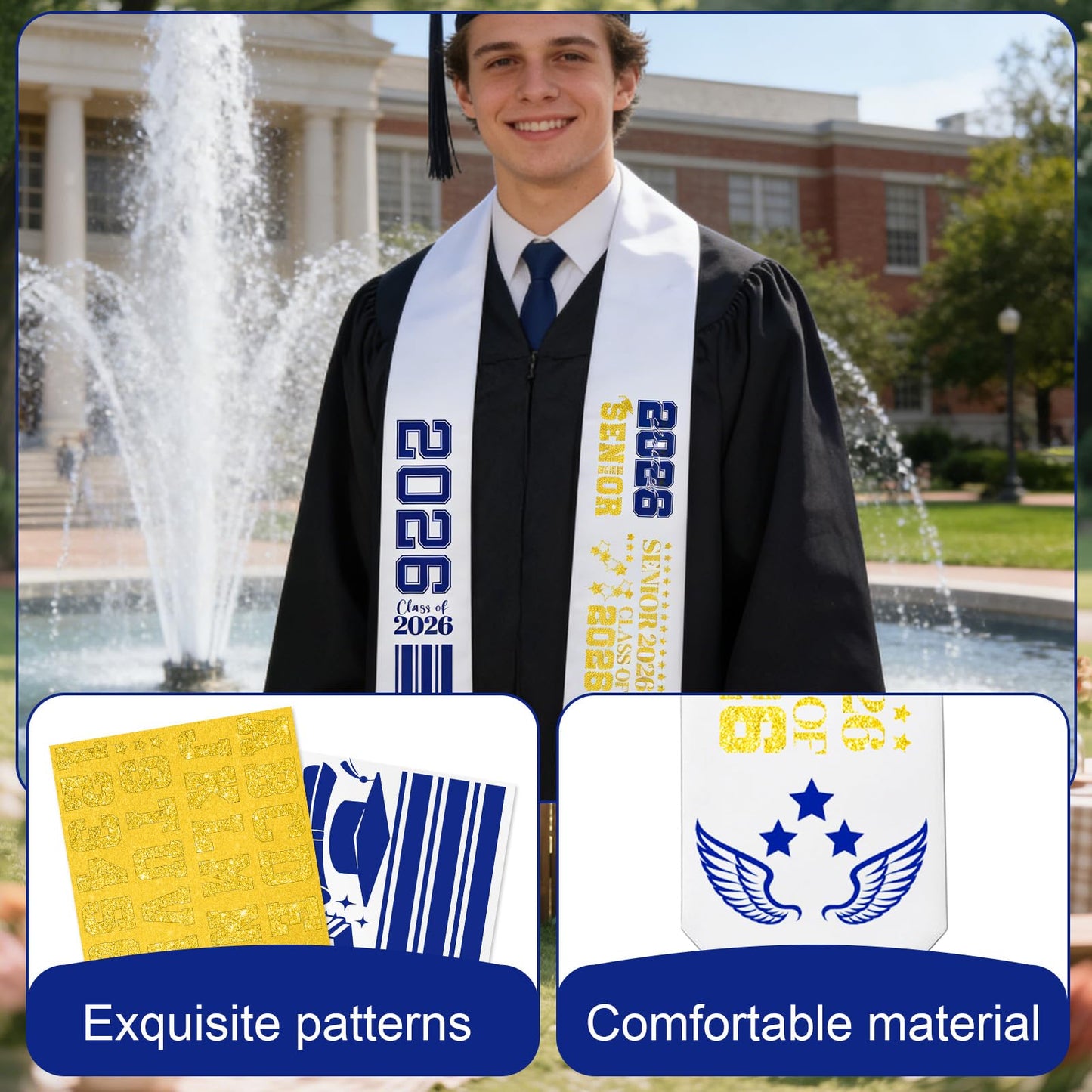 cosmisun Graduation Stole Class of 2026-9 Pcs Graduation Decoration 2026 with Iron on A to Z Letter 0 to 9 Number Patches, Unsex Grad Sash Decor Supplies for High School College (Blue Gold)