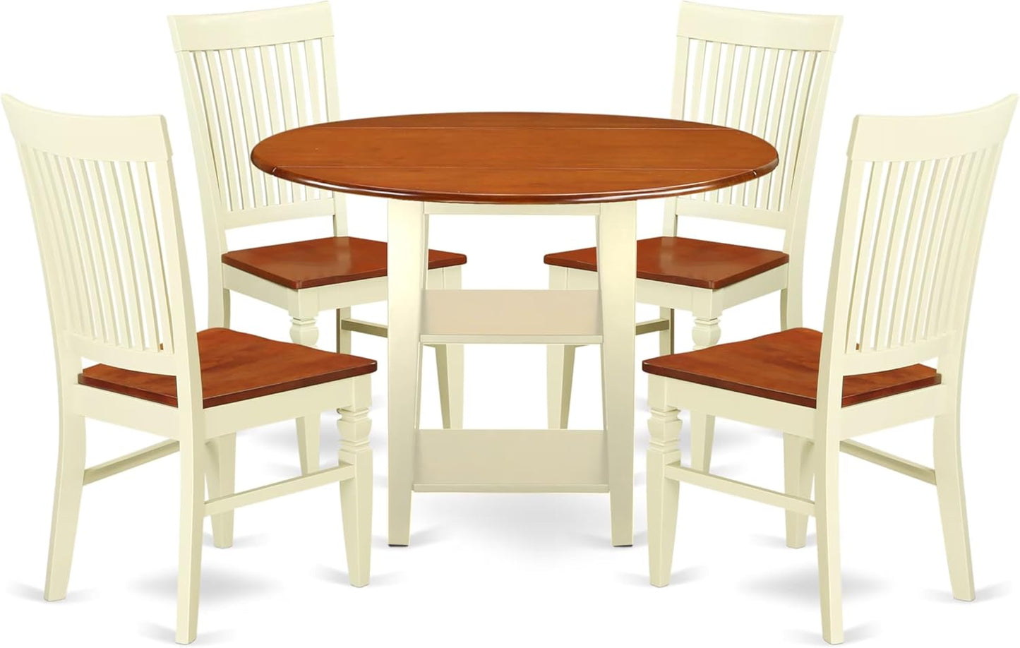 East West Furniture SUWE5-BMK-W 5 Piece Dining Table Set for 4 Includes a Round Kitchen Table with Dropleaf & Shelves and 4 Kitchen Dining Chairs, 42x42 Inch, Buttermilk & Cherry