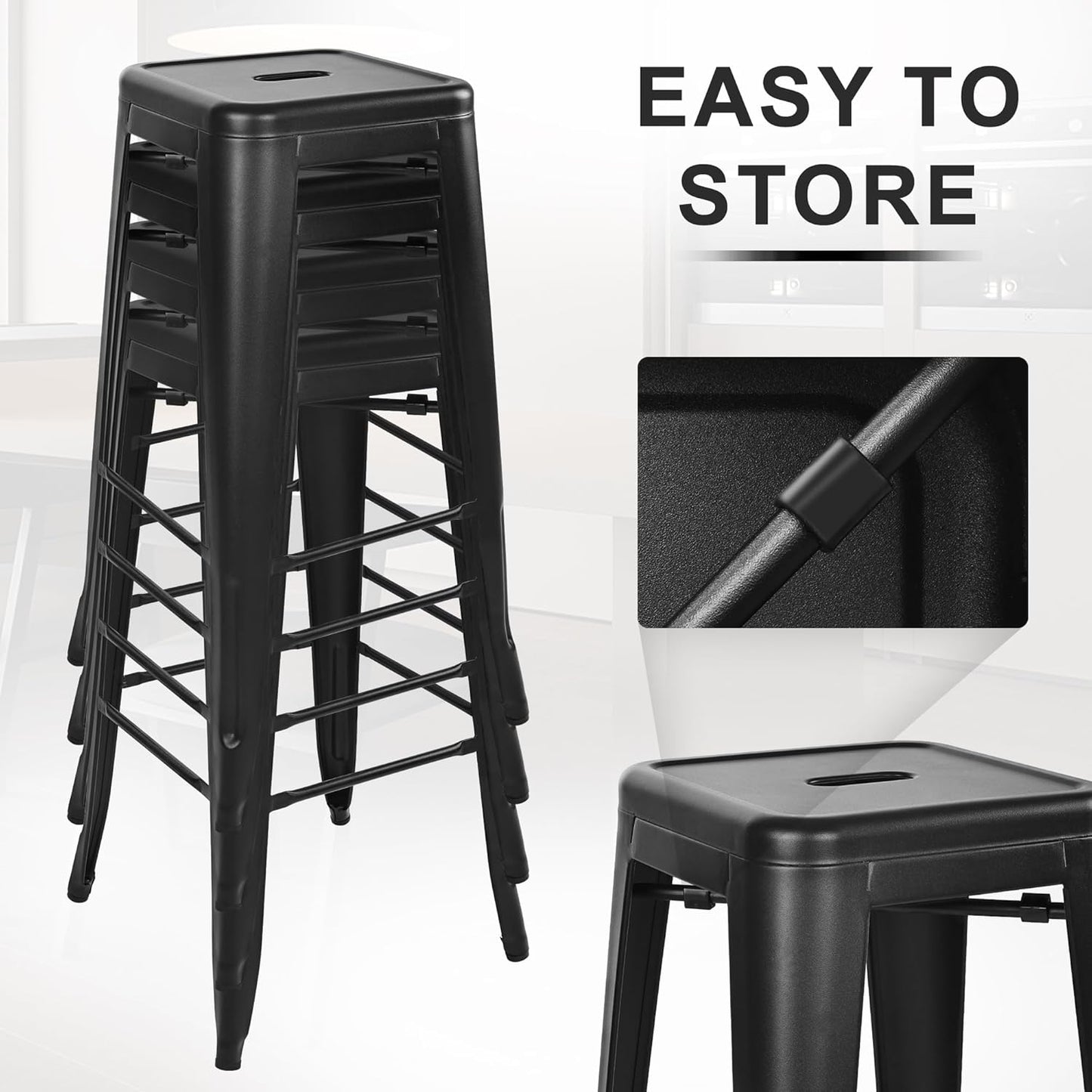 30 Inches Metal Bar Stools, High Backless Stools, Indoor Outdoor Stackable Kitchen Stools, Set of 4, Black