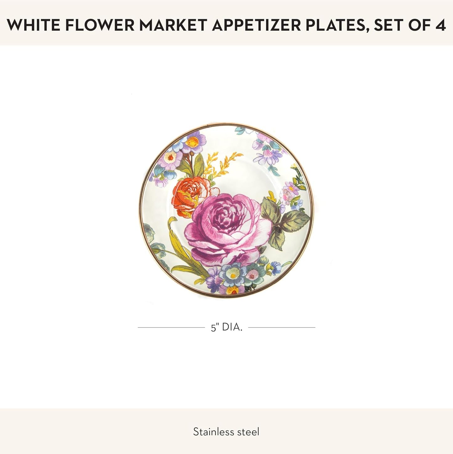 MACKENZIE-CHILDS Set of 4 Enamel Appetizer Plates, Mini Dessert Plates, 5 Inches, White Flower Market