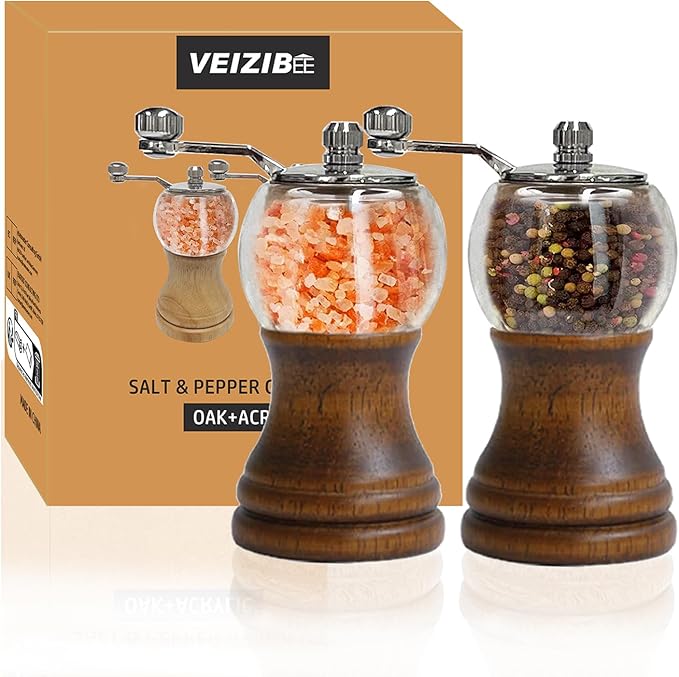Pepper Mill Set Salt and Pepper Grinder Set Classical Roast Black Manual Pepper Grinder Set 2pcs-5in Hand Shake Salt Mill Walnut Wood Acrylic Ceramic Blades, Enjoy Fresh Pepper Spices