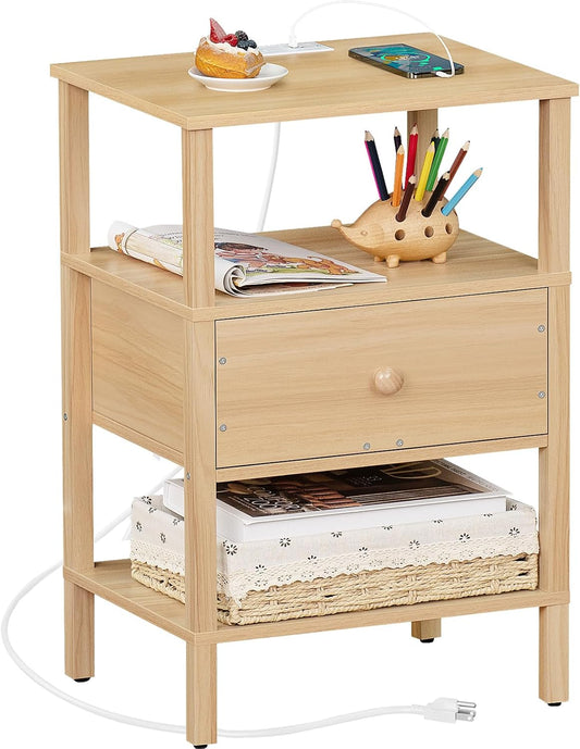 Lerliuo Nightstand with Charging Station and USB Ports, 3-Tier Storage End Table with Drawer Shelf, Night Stand for Small Spaces, Wood Bedside Table for Living Room, Bedroom - Natural Wood