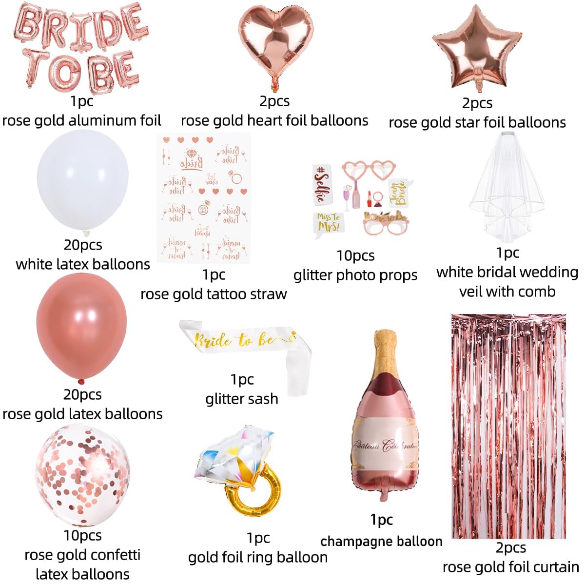 EFAILY Bachelorette Party Decorations - Rose Gold Bridal Shower Party Decor and Supplies Kit Bride To Be Sash, Veil, Temporary Tattoos, Confetti Balloons Pack Fringe Curtain.
