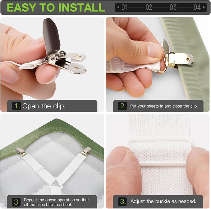 EasYoung 8PCS Bed Sheet Holder Straps, Adjustable Elastic Fasteners with Metal Clips, Keep in Place Fitted Bedding Holder, Easy Install for Wrinkle Bedding Sheet