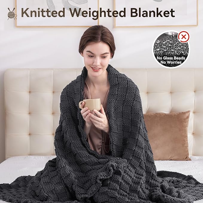Knitted Weighted Blanket for Adult, No Beads Heavy Blanket 60” x 80'' 20lbs, Breathable Chunky Knit Blanket, Cooling Weighted Blanket for Hot Sleepers, Christmas Home Decor (Dark Grey)