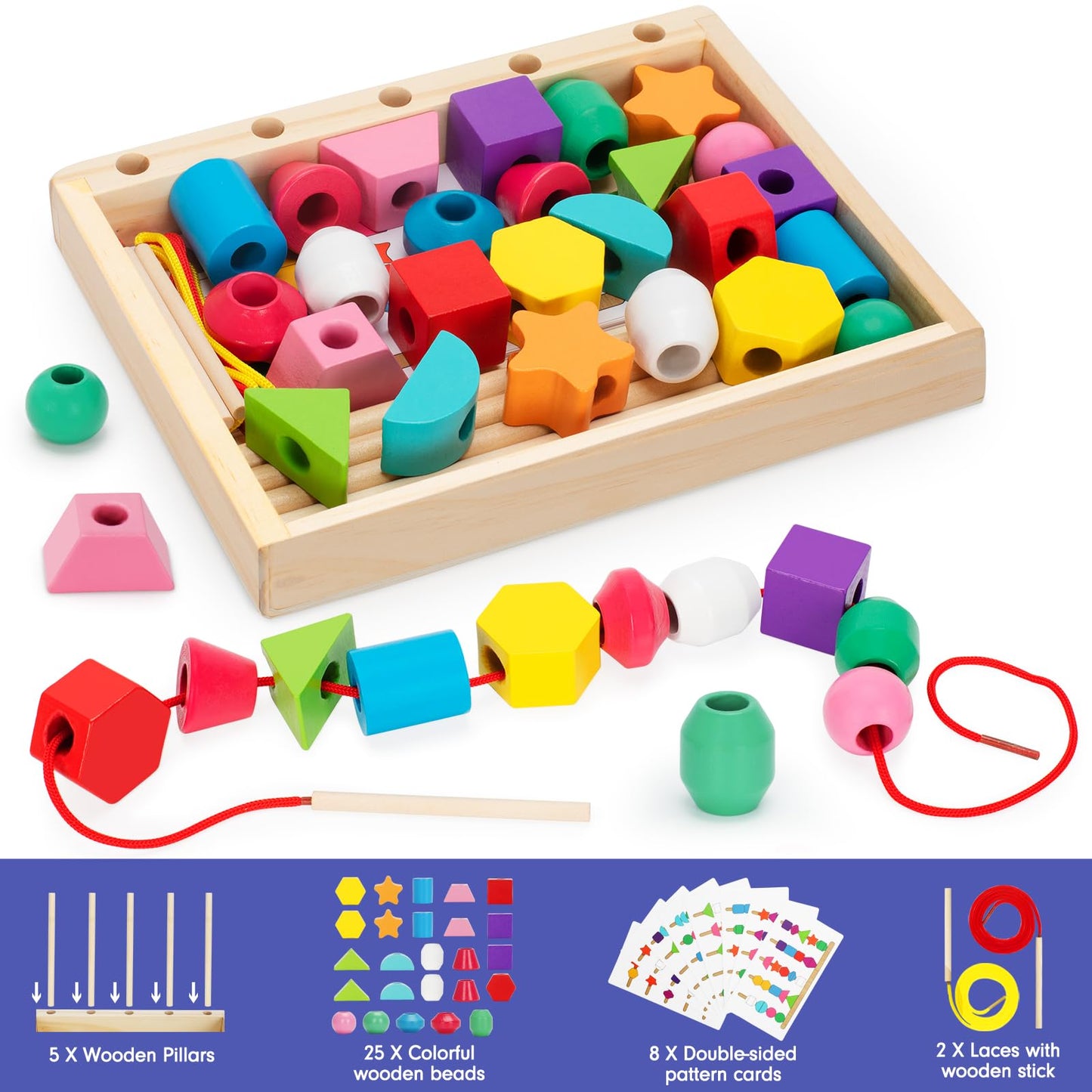 TooyBing Montessori Wooden Lacing Beads Toys for 3 4 Year Old Toddler Kids, Sequencing & Stacking Block Toy with Storage Box, STEM Preschool Learning Toys, Christmas Birthday Gifts for Boys Girls