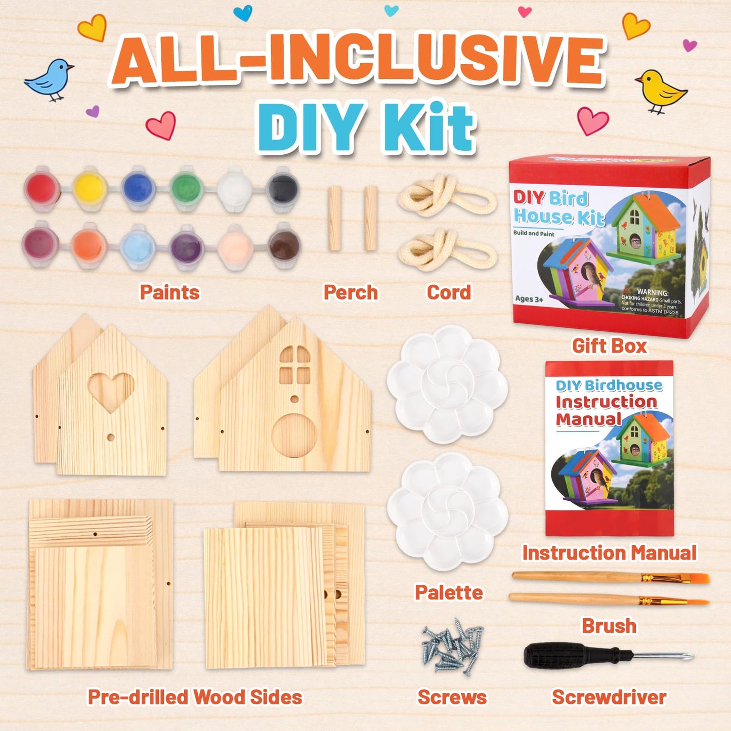 AluAbi 2 Pack DIY Bird House Kit, Thickened Wooden Birdhouse Crafts for Kids with Paints Brushes Screwdriver, DIY Arts and Crafts for Children, DIY Birdhouse Set for Halloween Christmas Birthday