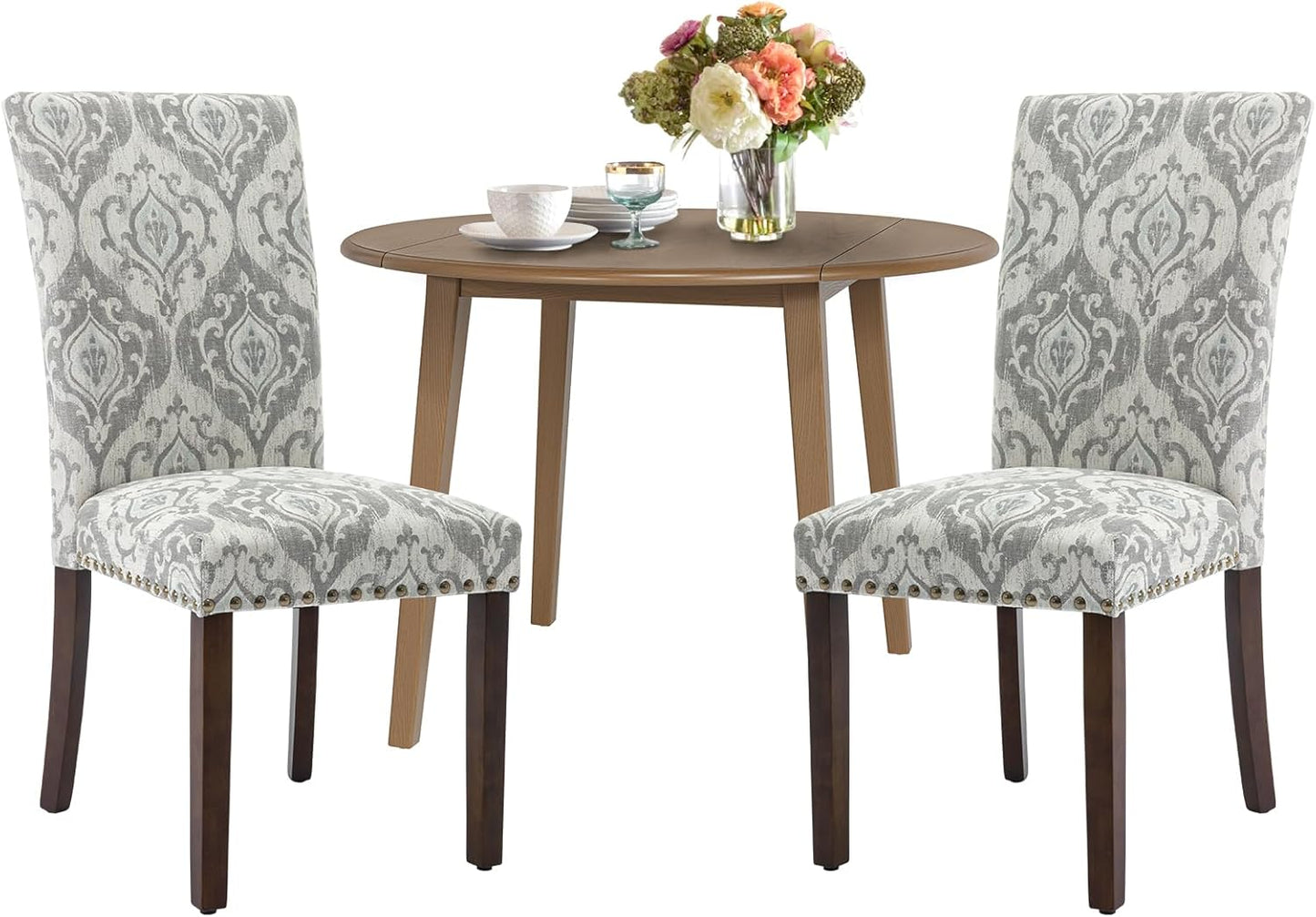 COLAMY 3-Piece Extendable Dining Table Set for 2, 36" Kitchen Round Wood Table with 2 Nailhead Dining Room Chairs,Light Brown/White&Grey Flower