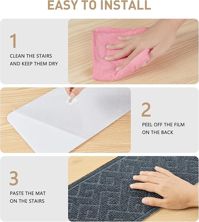Stair Treads for Wooden Steps, 8" X 30" Non Slip Stair Runner Carpet Indoor with Reusable Adhesive Backing, Soft Tread Mat for Stairs, Polyester TPR Backing Stair Rugs- Dark Gray 4 Pack