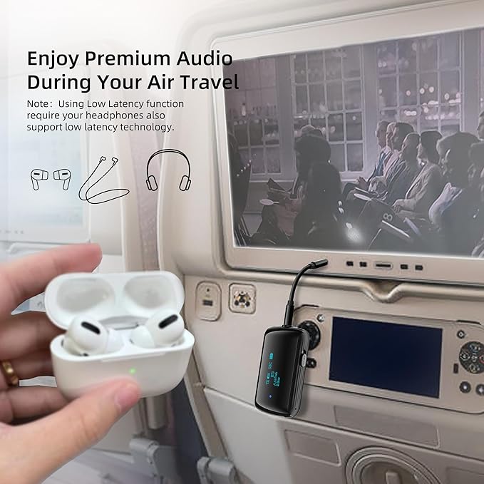 Bluetooth Transmitter Receiver for 2 AirPods/Headphones, Flight Bluetooth 5.2 Adapter for Airplane, TV, and Gym with a 3.5mm Audio Jack, Wireless BT Receiver with Mic for Car/Home Stereo