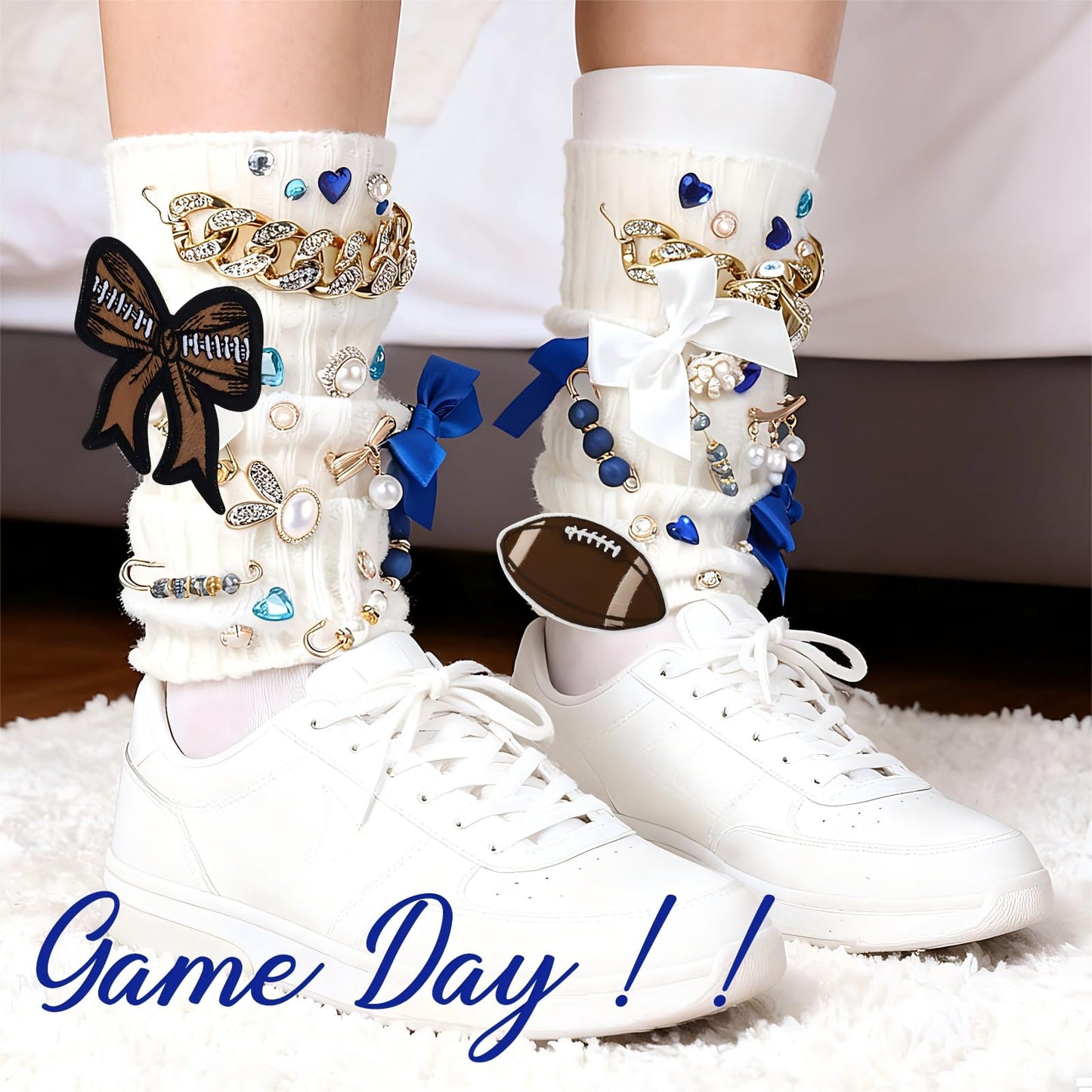 Norme 45 Pcs Game Day Football Junk Socks Charms Kit Brooches and Pins for Women Football Sports Jewelry for Socks Shoe Charms with Bows Sneakers DIY Kit with Pearls (Blue,Stylish Style)