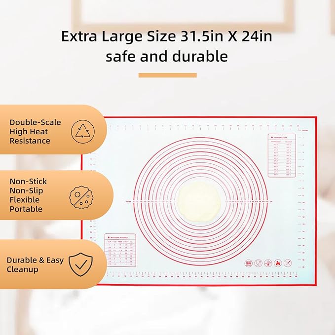 Extra Large 31.5'' x 24" Silicone Baking Mat for Rolling Dough & Pastry – Non-Stick, Heat-Resistant Kitchen Counter Protector – Dishwasher Safe, Easy Clean (XXL-31.5'' X 24'')