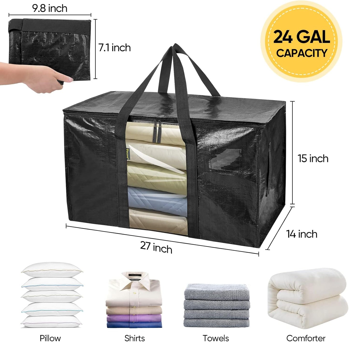 BALEINE 8-Pack Oversized Moving Bags with Reinforced Handles, Heavy-Duty Storage Tote Moving Supplies for Packaging, Camping (Black w/Window, 8-Pack)