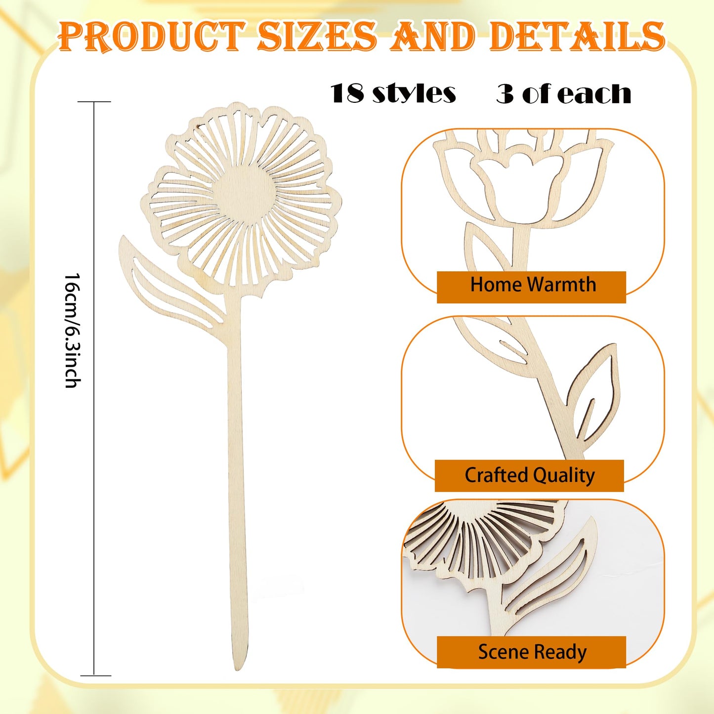 54 Pcs Wooden Wildflower Decor Wood Floral Cutouts for Crafts Wood Flowers Cutout Laser Cut Flowers for Mom's Birthday Gift Home Art DIY Decoration