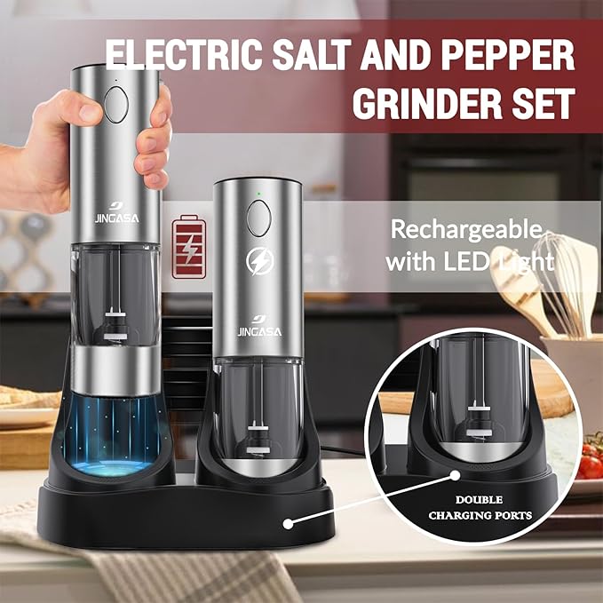 [Upgraded Larger Capacity] Electric Salt and Pepper Grinder Set with USB Charging Base, 95ml Large Capacity, Adjustable Coarseness,Stainless Steel Automatic Pepper Mill (Upgraded Capacity-Gift box)