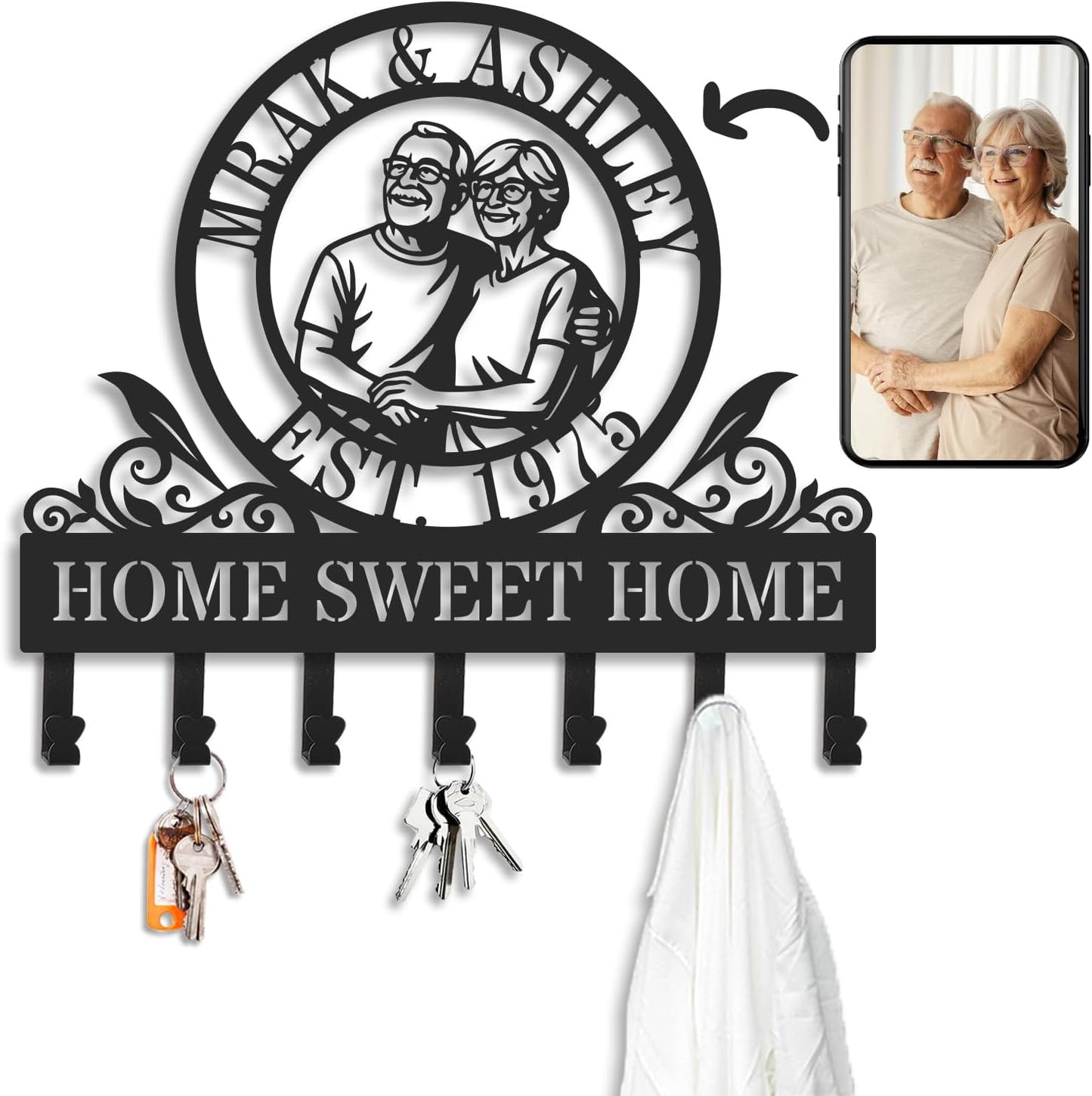 Personalized Metal Portrait with Key Hooks, Custom Photo Wall Key Holder, Iron Portrait from Your Photo, Anniversary Wedding Birthday Gift, Personalized Wall Decor