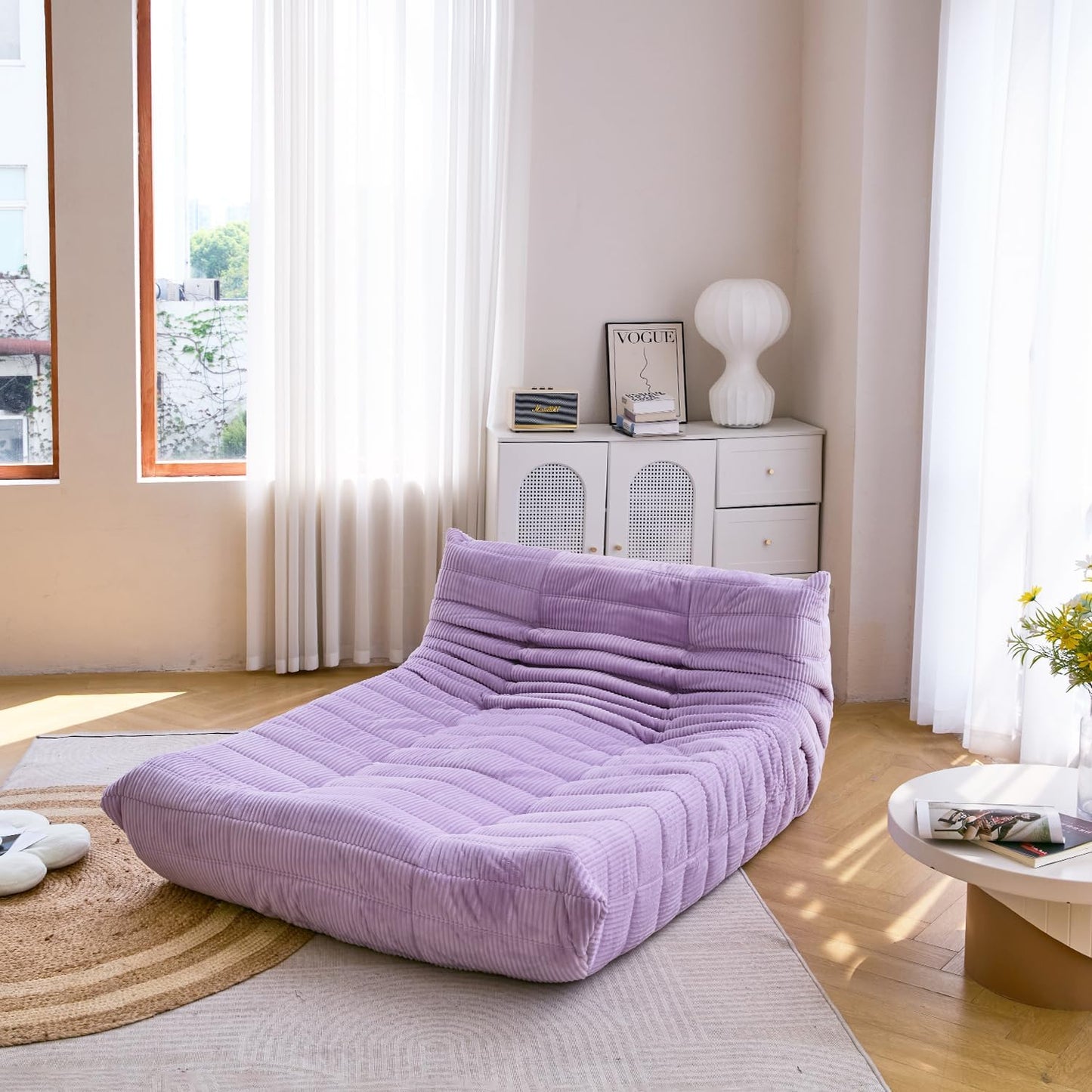 N&V Fireside Lounge Chaise Chair, Mid Century Armless Floor Lounger Sofa, Soft Premium Corduroy Floor Lounge Chair, Foam Sofa Accent Lounger for Living Room Bedroom and Office, Lavender