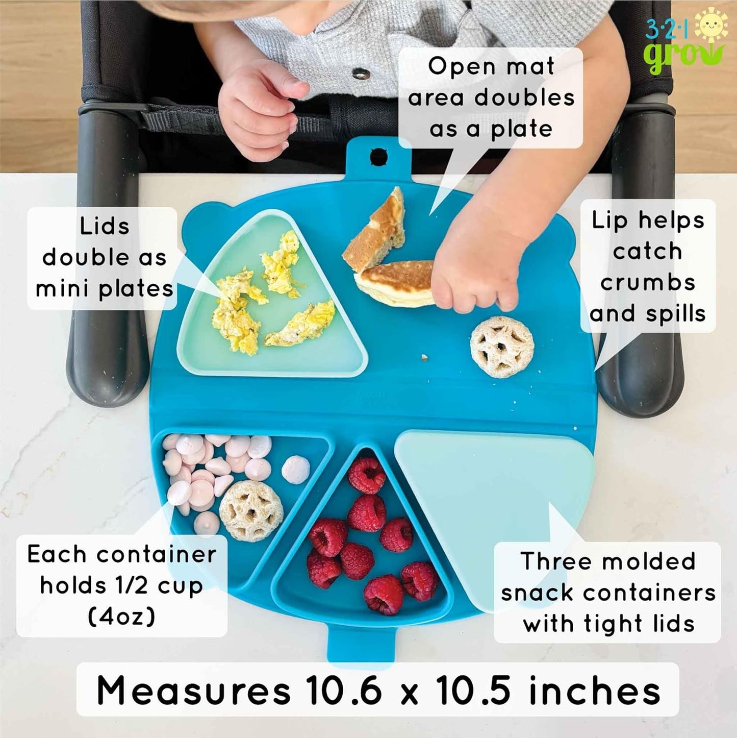 On-The-Go Snack Mat – Baby Silicone Travel Dining Placemat – Portable Silicone Toddler Plate – Reusable Snack Container with 3 Compartments and Lids for 6 Months + (Plum)