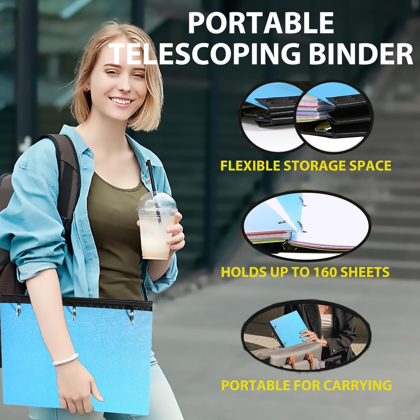 Telescoping 3 Ring Binder-12PCS, Flexible Binder with Elastic Rubble Spine+3 Round Rings, Flat Writing Binder, 4 Bright Colors