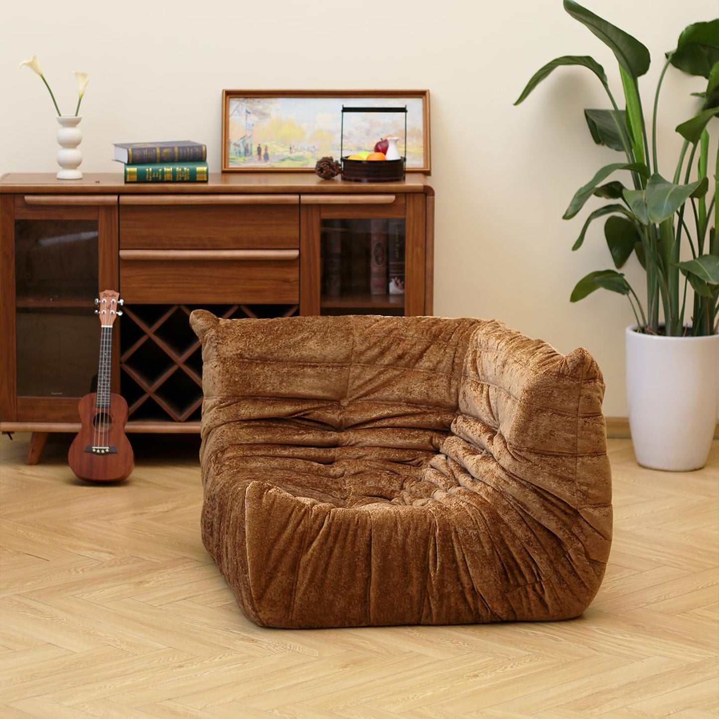 N&V Soft Premium Chenille Floor Lounge Chair, Mid Century Armless Floor Sofa, Foam Sofa Accent Chair for Living Room Bedroom and Office (Brown, Corner Chair)