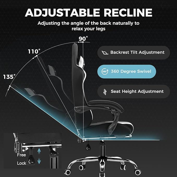 GTPLAYER Gaming Chair, Computer Chair with Footrest and Lumbar Support, Height Adjustable Game Chair with 360°-Swivel Seat and Headrest and for Office or Gaming (Fabric, Black White)