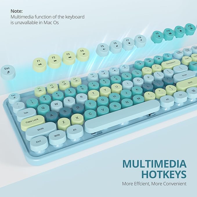 Owpkeenthy Blue Keyboard and Mouse Wireless，Cute Typewriter Keyboard Wireless 2.4GHz Full-Size with Retro Round Keycaps for Desktop, Laptop and Computer(Coloful Blue)