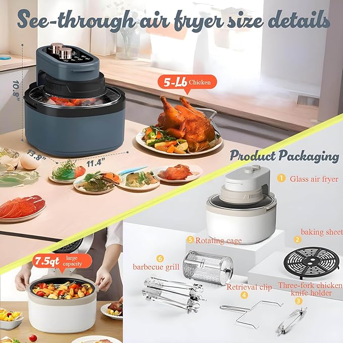 Rotatable 8-in-1 Air Fryer Toaster Oven Combo 7.5QT Large Glass Air Fryer, Rapid HotAir Tech, Family-Size Smart Cooker, Trending Modern Kitchen Essential for Healthy Meals,Random color