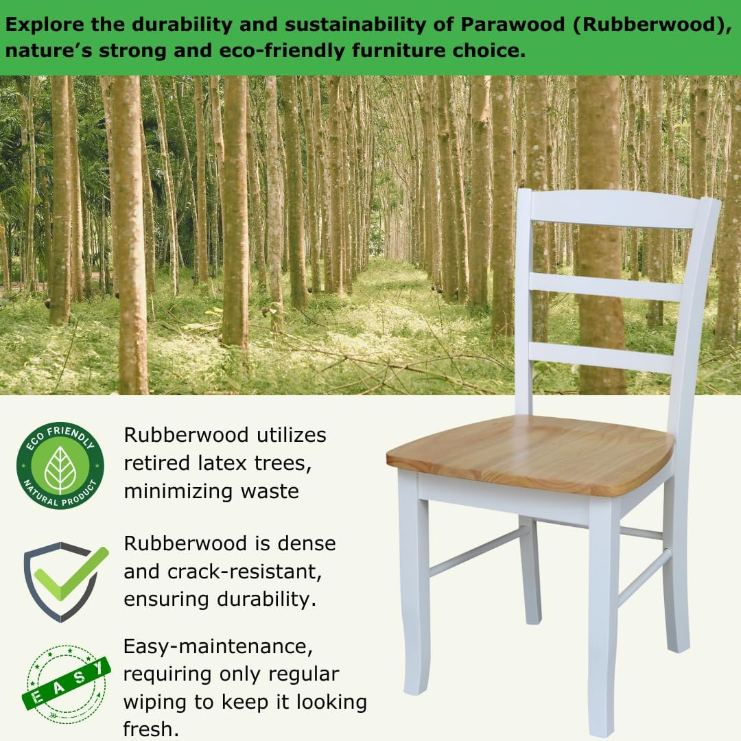 Madrid Ladderback, Set of 2 Dining Chairs , Solid Wood Kitchen/Dining Chairs, Parawood Construction, 18.1"W x 19.3"D x 35.2"H, 225 lb Weight Capacity, Elegant, Durable, White/Natural