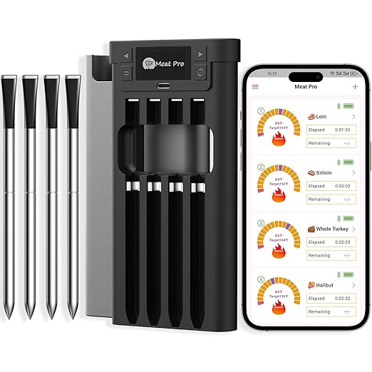 Meat Thermometer Digital Wireless, Long-Range BBQ Thermometer with 4 Probes, Dual Sensors for Perfect Grilling & Smoking - Black