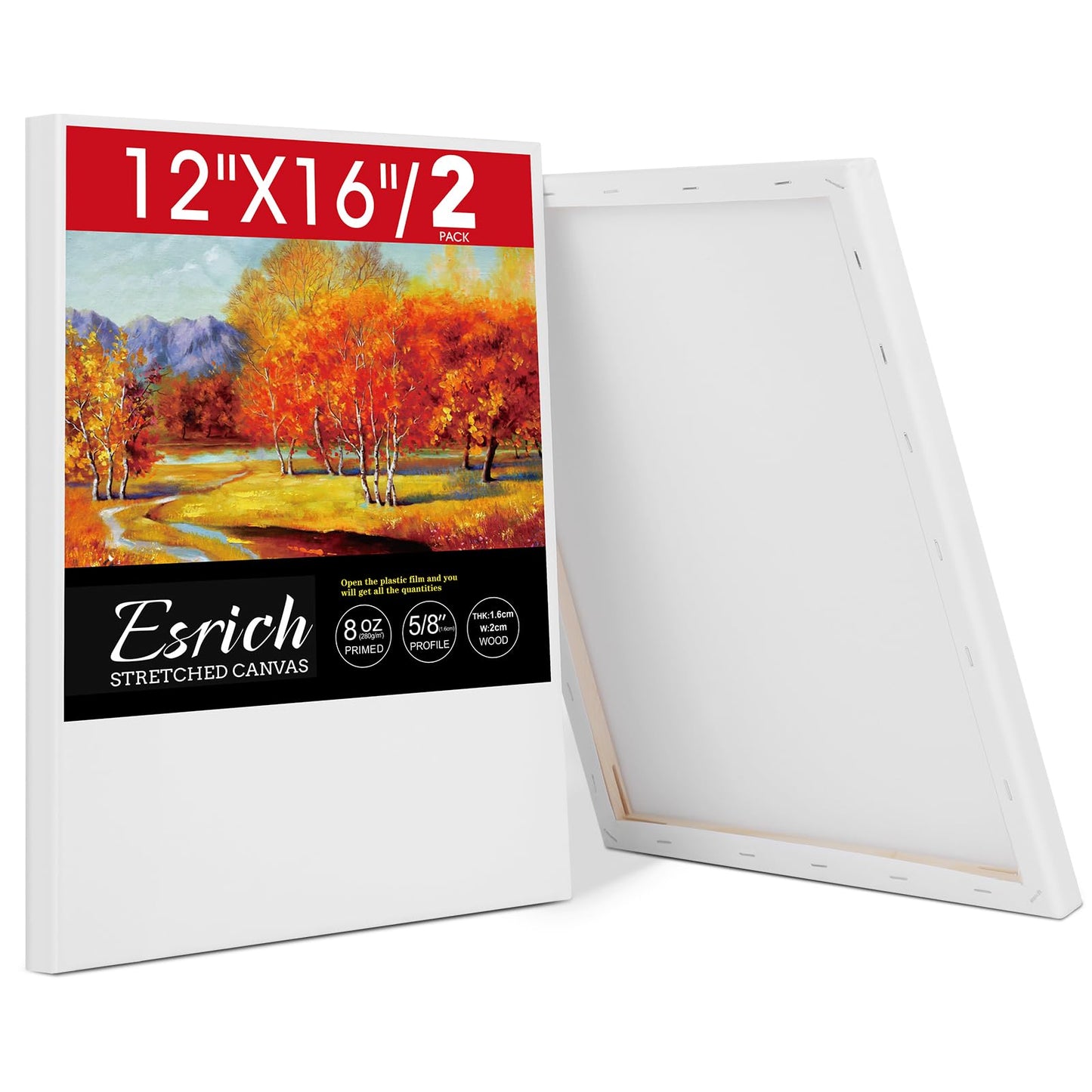 ESRICH Stretched Canvas for Painting 12x16 Inch, 2 Pack Blank Canvas -5/8 in Profile Primed Cotton White Canvases for Painting for Oil & Acrylic Paint