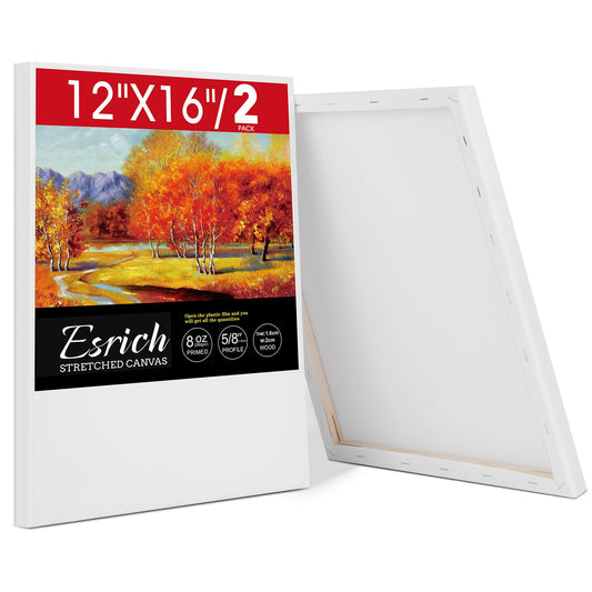 ESRICH Stretched Canvas for Painting 12x16 Inch, 2 Pack Blank Canvas -5/8 in Profile Primed Cotton White Canvases for Painting for Oil & Acrylic Paint
