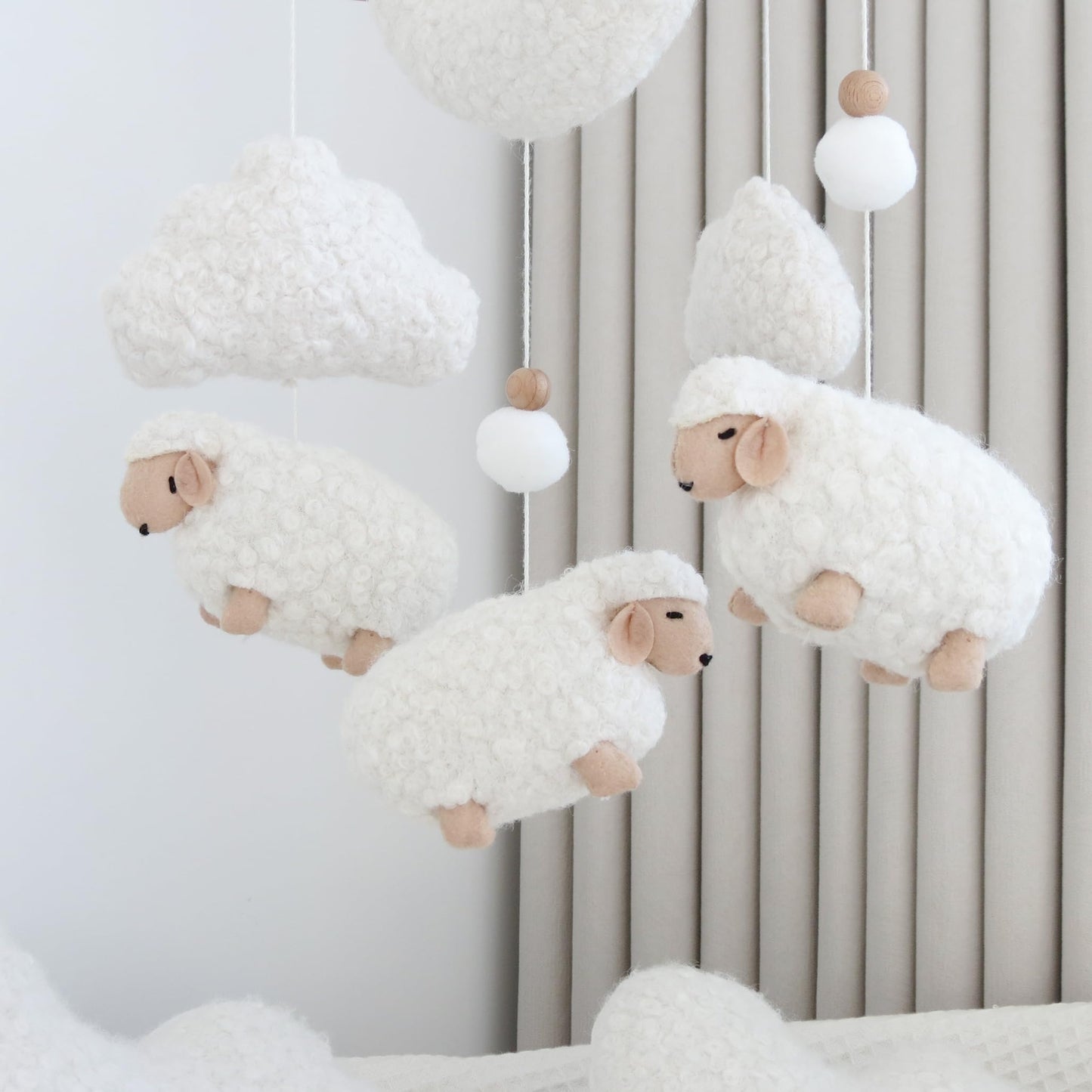 Sheep Baby Mobile for Crib, Cloud Baby Crib Mobile for Girls & Boys, Neutral Crib Toys Hanging, Lamb Baby Mobile for Bassinet, Nursery Decor - Creamy White