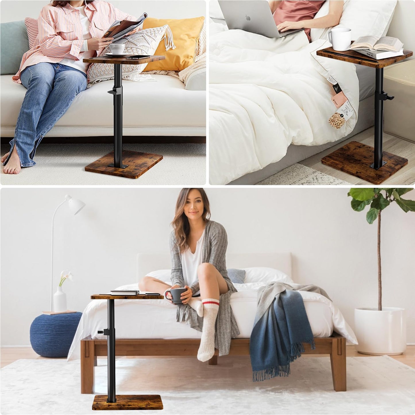 Sofa Armrest Tray Table for Couch - 360° Swivel Height Adjustable End for Small Spaces, Snack Side Table for Bed or Chair with Phone & Tablet Slot (Rustic,Standard)