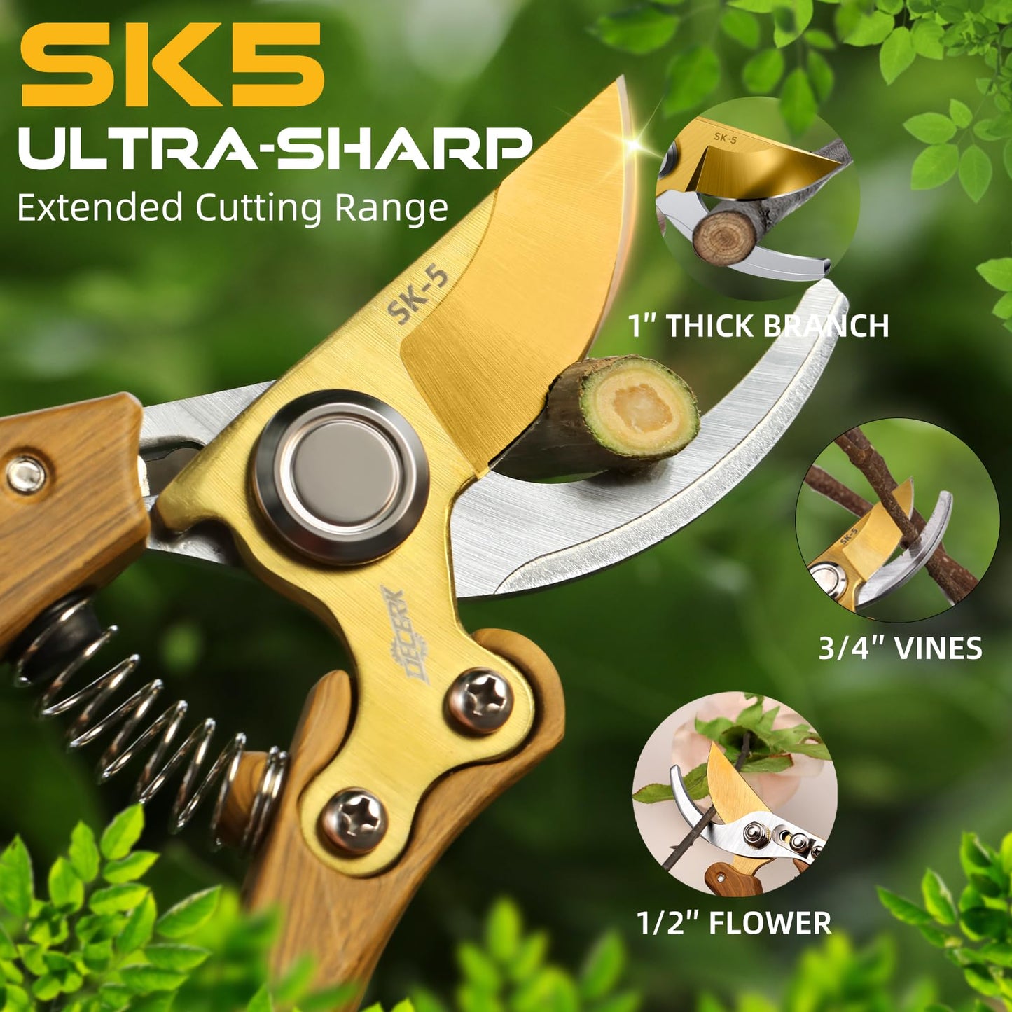 DECERK® 8.5" Premium Bypass Pruning Shears – Wood Grain Finish with Gold Titanium Blade, Japanese SK5 Steel, Balanced Ergonomic Handle for Precise Garden Trimming, Timeless Gardening Companion