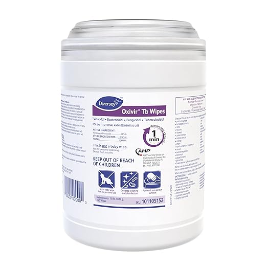 Diversey Oxivir Tb 101105152 Ready-to-Use Disinfectant Cleaning Wipes, Accelerated Hydrogen Peroxide, Standard 6x7-Inch Sheets, 160-Wipes, 1-Canister (Pack of 4)