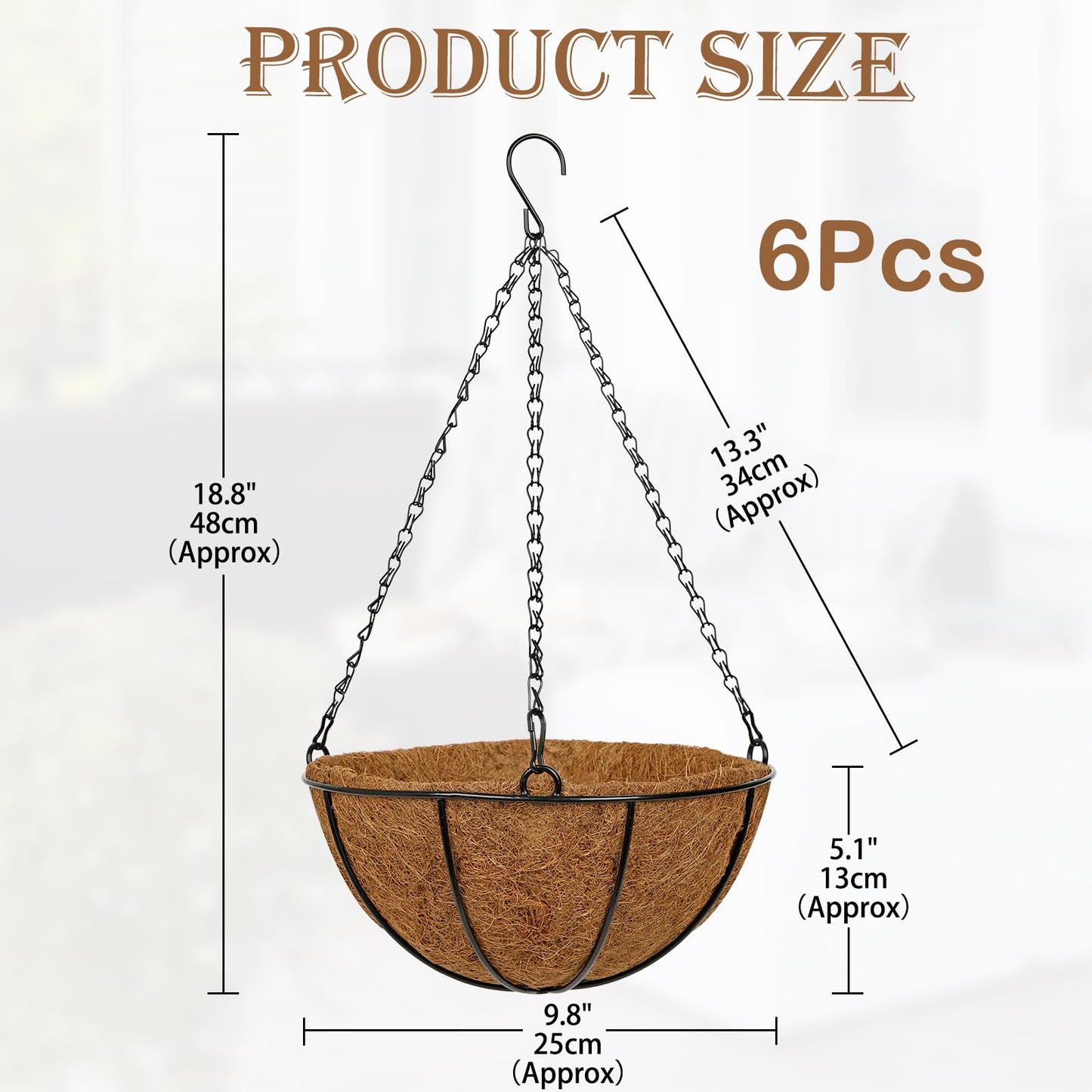 10 Inch Metal Hanging Basket with Coco Coir Liner for Flowers Planting, 6 Pack Hanging Baskets for Plants Outdoor, Round Wire Planters with Chain for Home Patio Porch Balcony Garden Decor