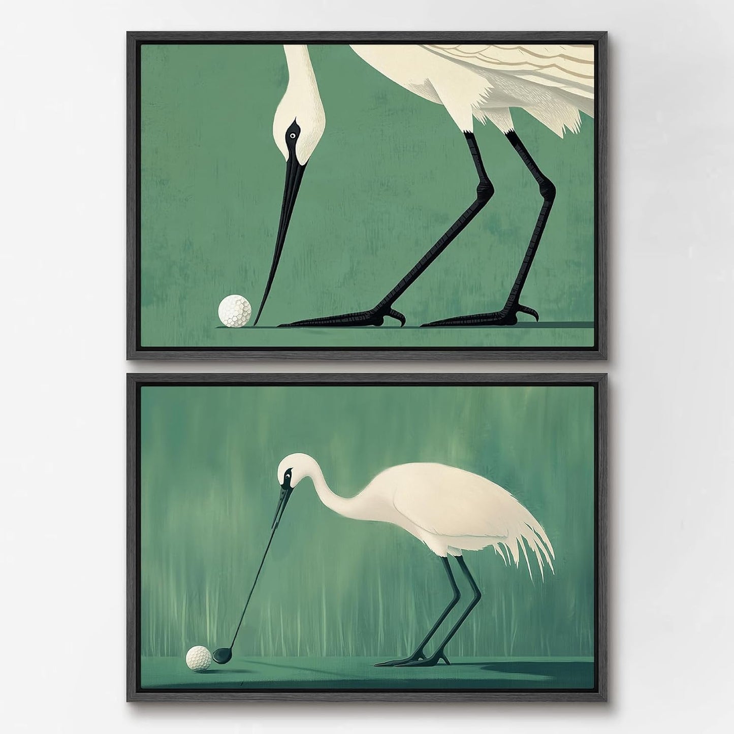 SIGNWIN Framed Canvas Print Wall Art Set Funny Crane Playing Golf Whimsical Bird Illustrations Modern Art Rustic Minimal for Living Room, Bedroom, Office - 16"x24"x2 Black