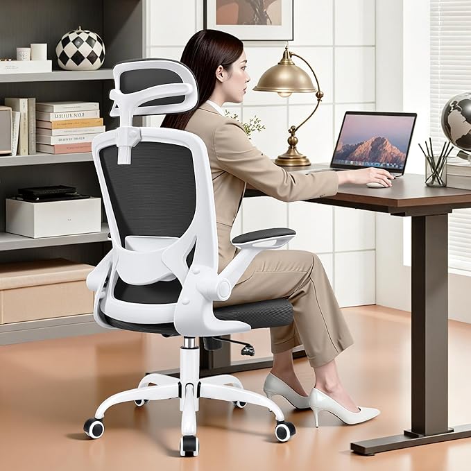 Home Office Desk Chairs, Ergonomic Office Chair with Lumbar Support, Headrest, Flip-up Armrests, Comfy Desk Computer Chair for Gaming, Work, White