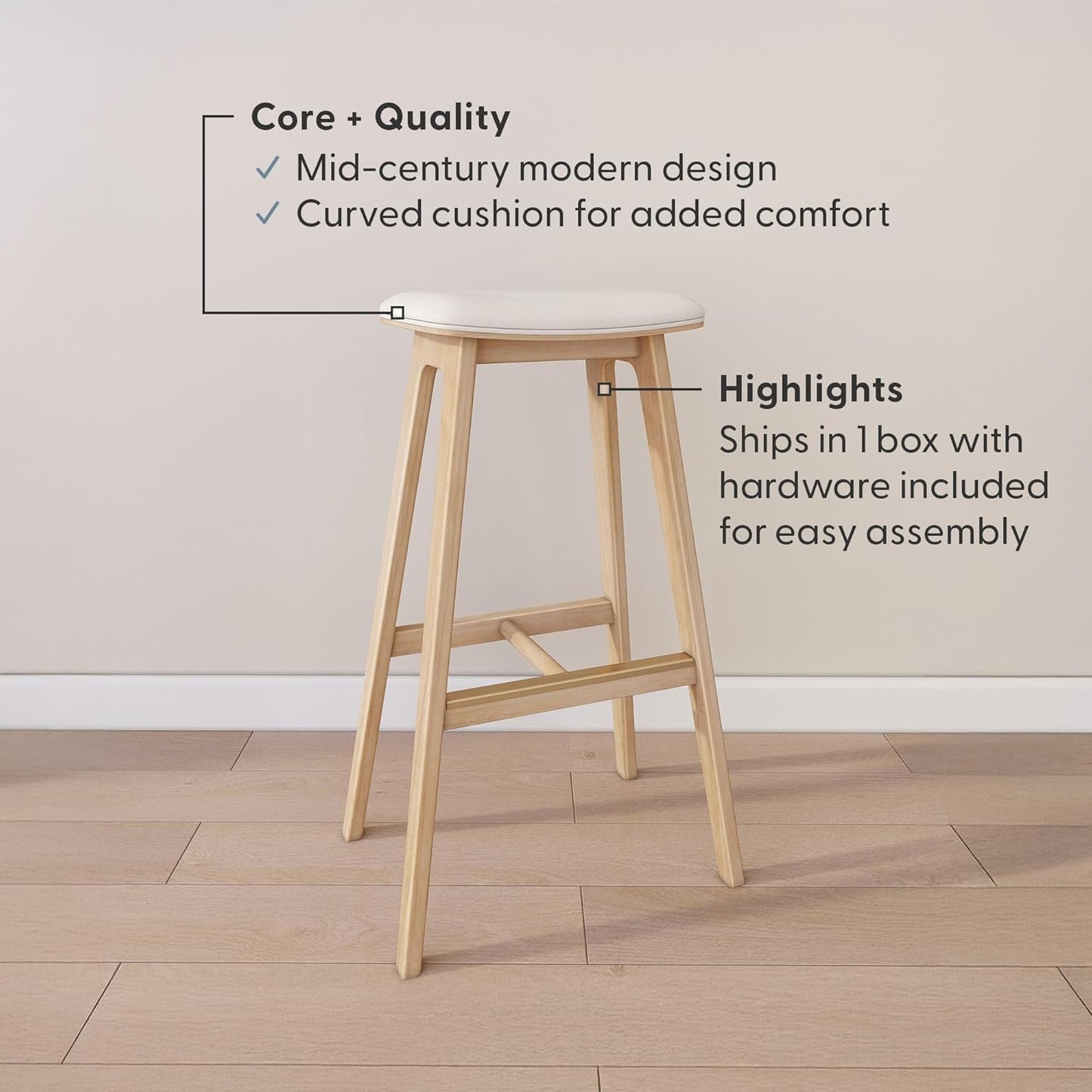 Plank+Beam Beryl Bar Height Stool - Mid-Century Modern Rubberwood Bar Stool with Faux Leather Seat, Metal Footrest, Easy Assembly, Blonde/Sesame