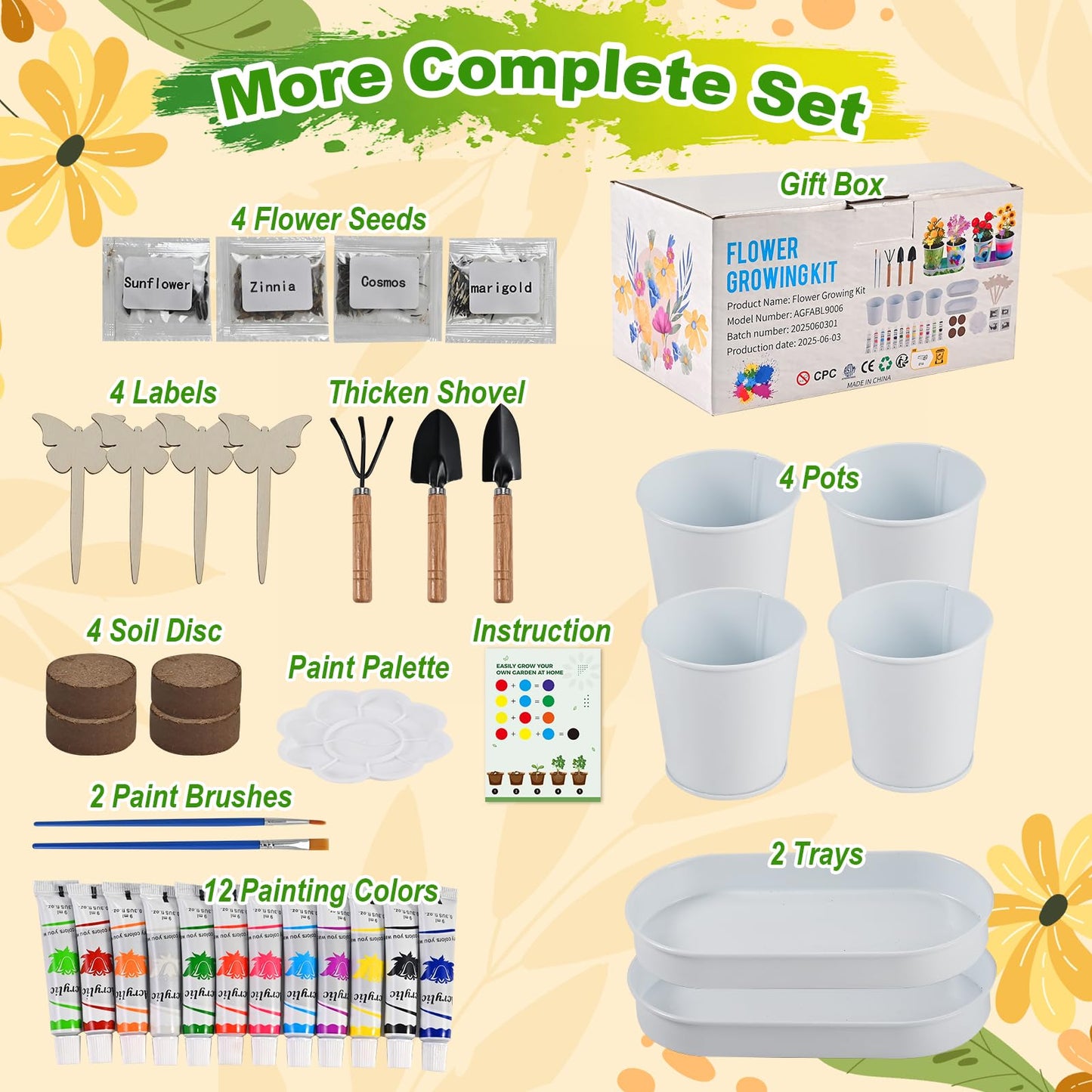 4 Pcs Kids Plant Growing Kit | Kids Gardening Set Crafts for Girls 8-12 | Kid Crafts Ages 4-8, Flower Making Art Kit for Kid 6-9, Plant Growing Set with 4 Zinc Pots, 12 Colors 9ml Paints Girl Gift