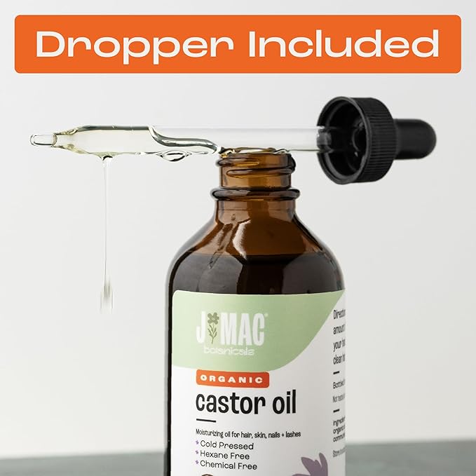 J MAC BOTANICALS Organic Castor Oil, 100% Pure (2oz Glass Bottle with dropper) - For Eyelashes, Eyebrows, Hair & Skin