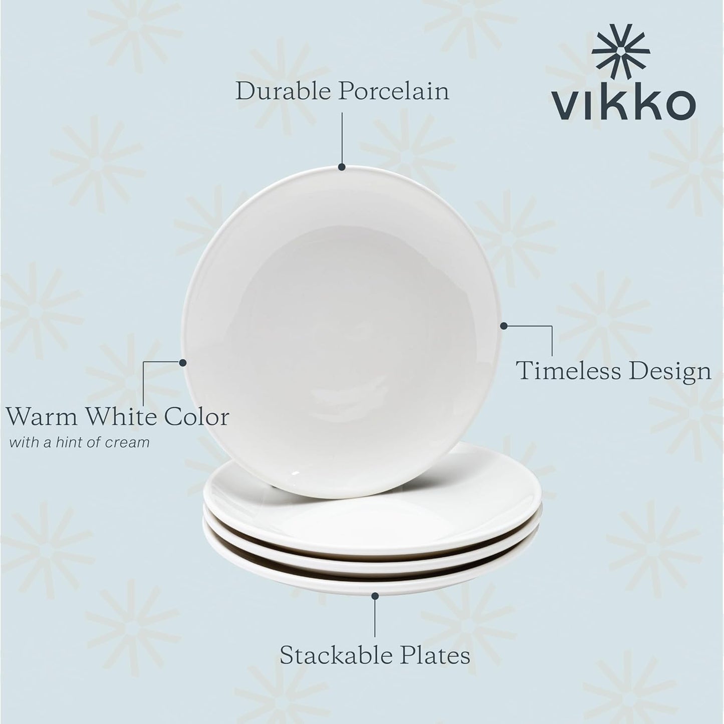 Vikko Salad Plate, Set of 6 White Plates, Fine Porcelain, Stackable 8 Inch Salad Plates, Dishwasher Safe, 8/'' Salad Plate