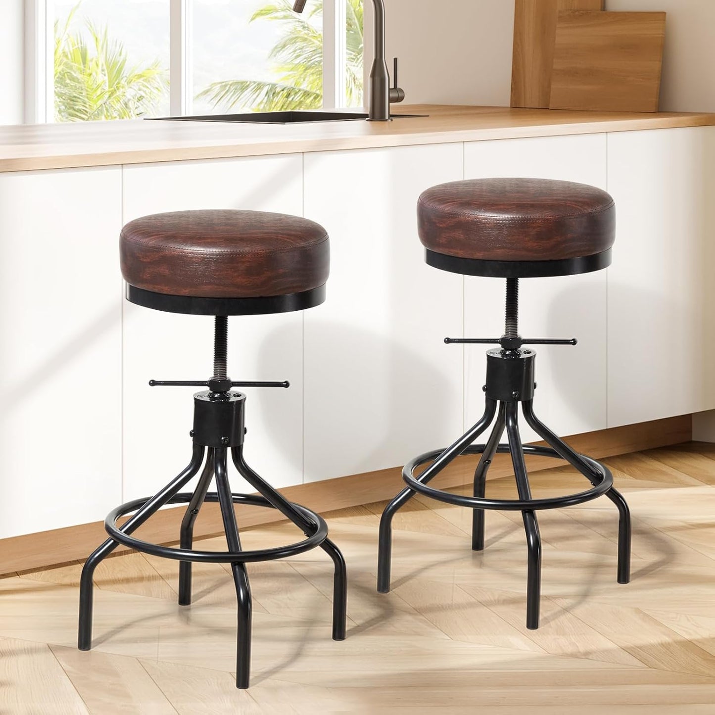 Industrial Barstools Set of 2 Adjustable Swivel Round Bar Stools Modern PU Leather 28inch Backless Counter Height Stool Metal Bar Chair for Kitchen Island (2, Walnut)