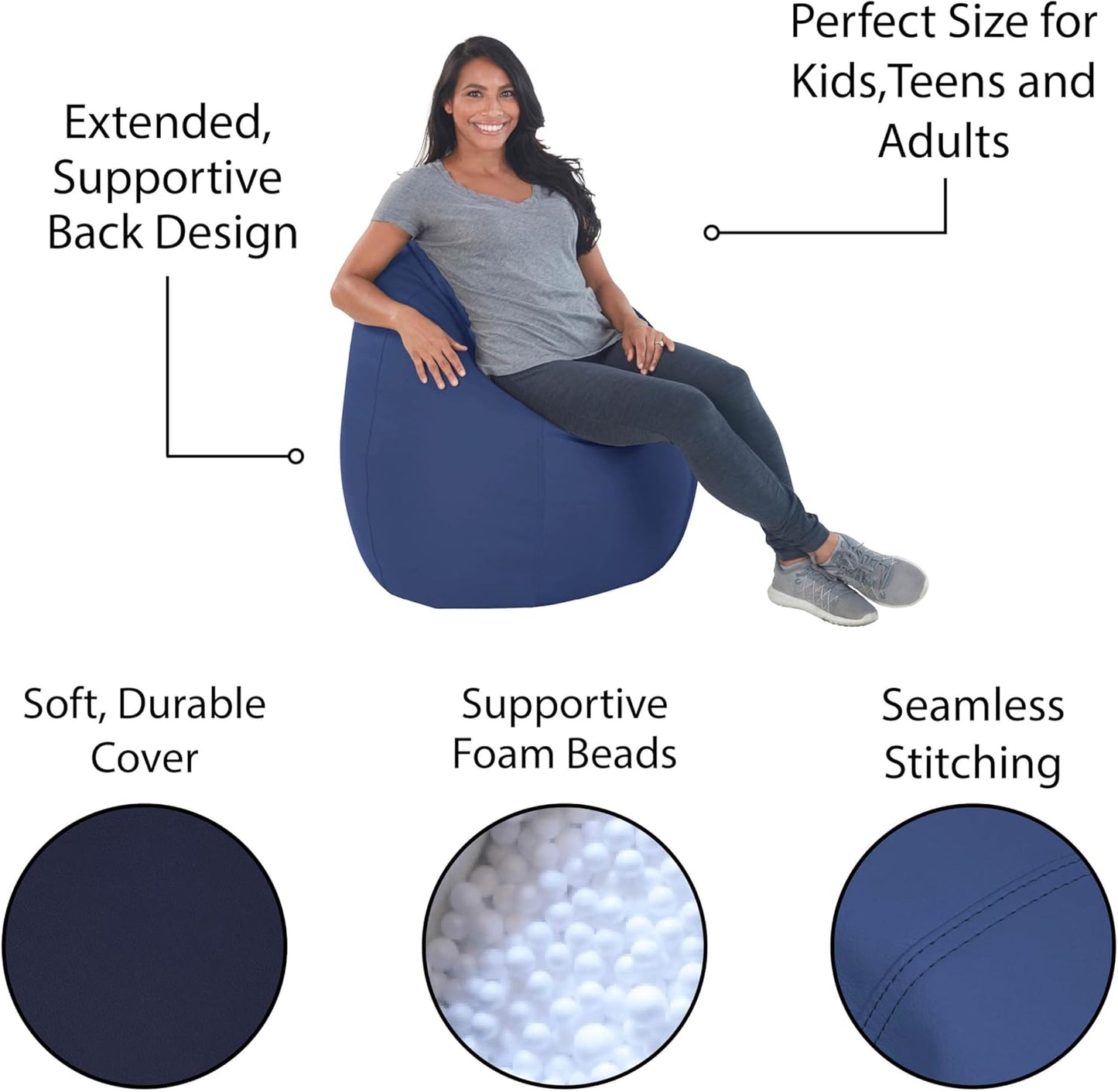 FDP SoftScape Dew Drop Bean Bag Chair with Supportive High-Back Design, For Kids, Teens and Adults, Alternative Seating for Dorms, Schools, Libraries, Daycares or Home- Navy