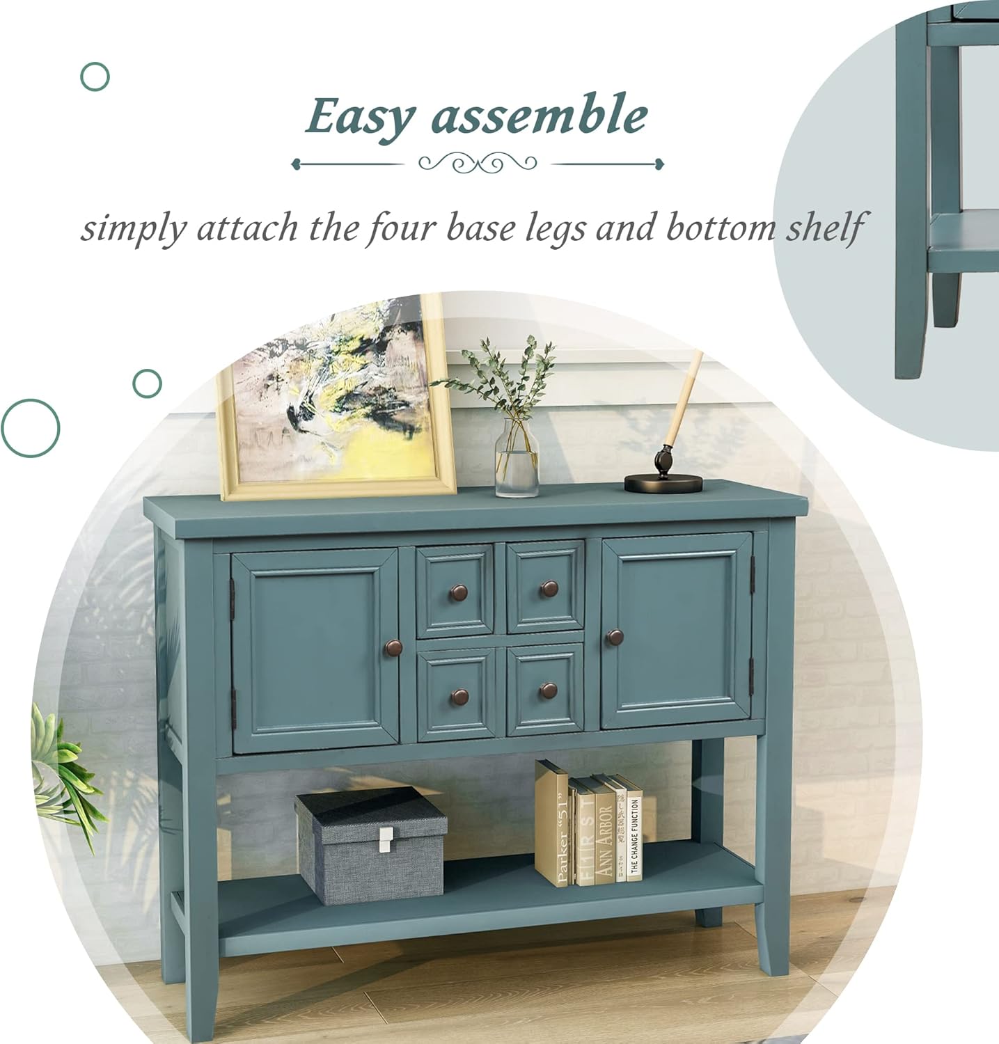 Merax Wood Farmhouse Buffet Table with Storage Shelf, 2 Drawers and Cabinets Buffet Coffee Bar Cabinet for Living Room Dinning Room Kitchen (Dark Blue)
