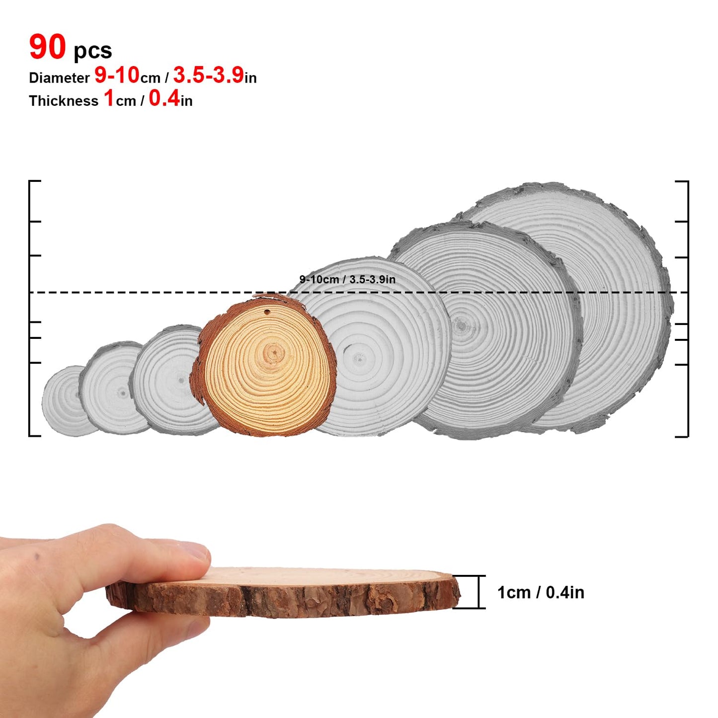 kukmakri 90 PCS Natural Wood Slices with Hole for Crafts, Diameter 3.54-3.94 Inch, Perfect Wood Slices Wooden Circles and Discs for Centerpieces, Decorations, and More(Include 2 Rope)