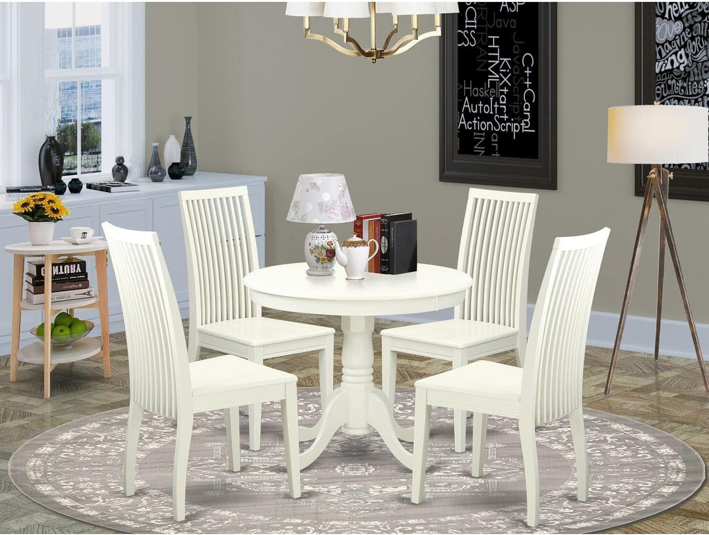 East West Furniture ANIP5-LWH-W 5 Piece Modern Dining Table Set Includes a Round Kitchen Table with Pedestal and 4 Dining Room Chairs, 36x36 Inch, Linen White