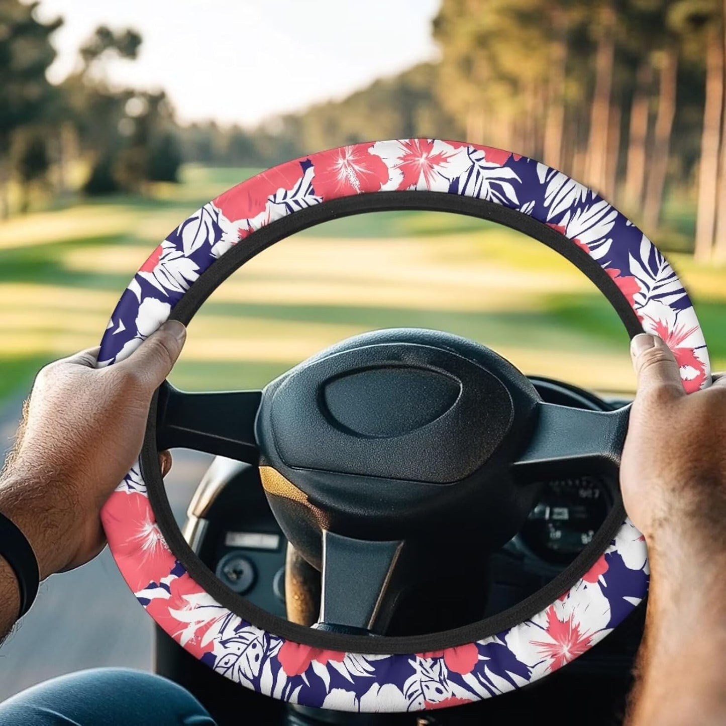 Tropical Hibiscus Golf Cart Steering Wheel Covers, 13-14 Inch, Multicolor, Polyester, Universal Fit