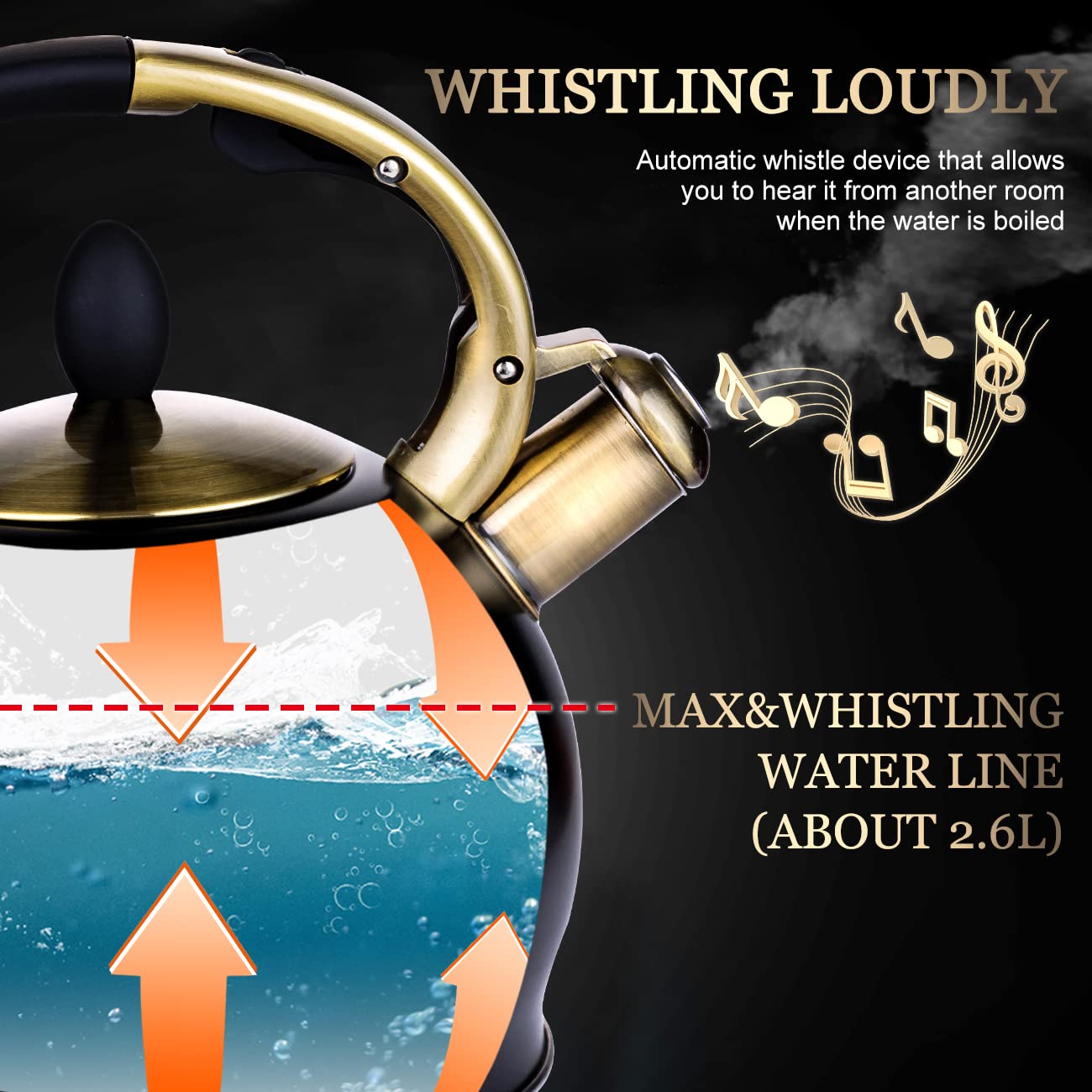 SUSTEAS Stove Top Whistling Tea Kettle - Food Grade Stainless Steel Teakettle Teapot with Cool Touch Ergonomic Handle, With 1 Silicone Pinch Mitt Included, 2.64 Quart(BLACK)